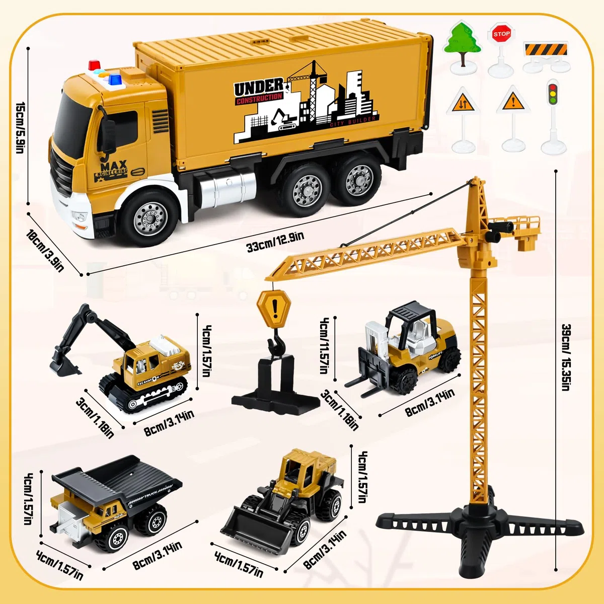 PATEMZON Veicoli Da Cantiere Giocattolo, Camion da Cantiere Giocattolo, Camion Pista Macchinine Gru Bisarca GiocattoloS con Escavatore Costruzione Bulldozer, Musica et Luce, Regalo Bambini 3+ anni