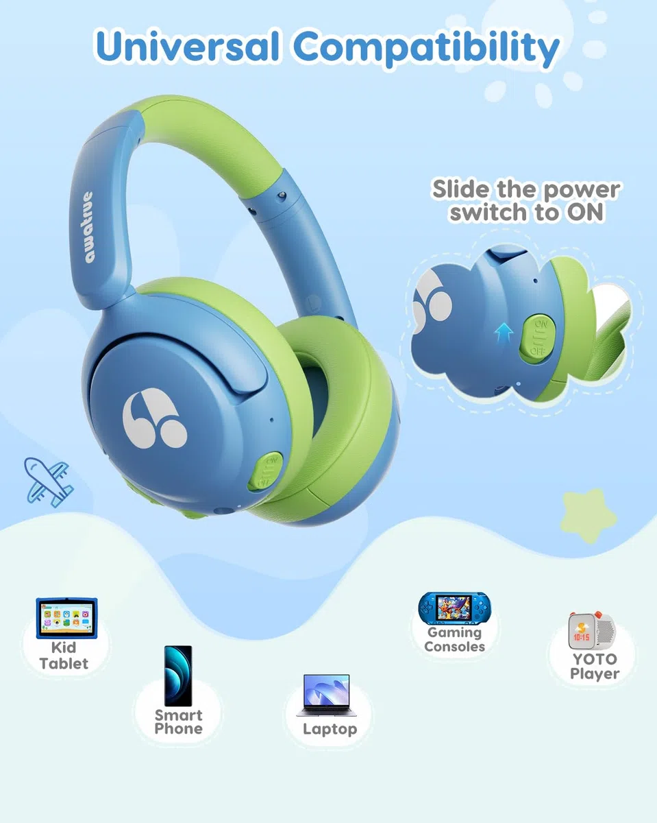 awatrue Cuffie Bluetooth per Bambini, Tasti Giganti & Microfono Integrato, Bluetooth 5.4 + Cavo AUX, Durata Della Batteria di 75 Ore, per l'uso a Scuola/in Viaggio (Bleu Vert)