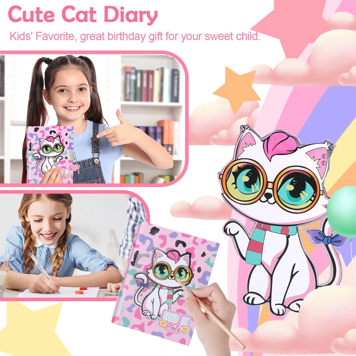 Diario di gatti per ragazze con lucchetto e chiavi, set di cancelleria di gatti con timbri, adesivi e penne - Regalo di compleanno perfetto per bambini dai 4 ai 12 anni