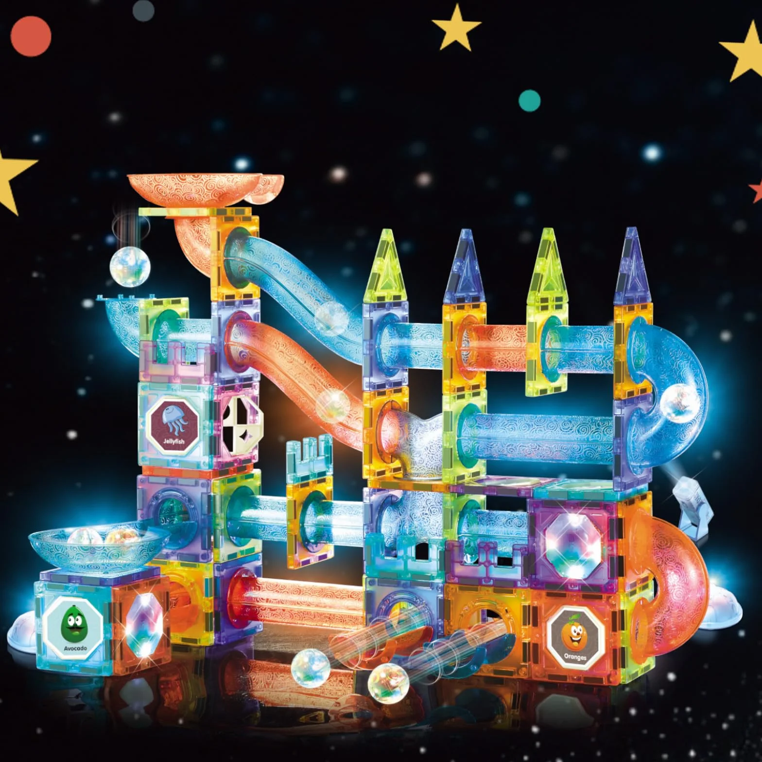 Costruzioni Magnetiche 144 Pezzi con Luci LED & Pista per Biglie - Gioco 3D Magnetico Educativo STEM per Bambini 5 6 7 8 10+ anni, Regalo Creativo Montessori