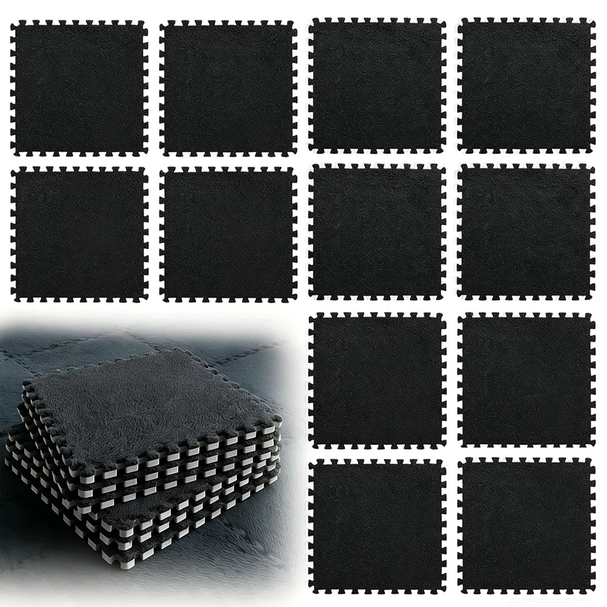 12 tappetini in schiuma di peluche a incastro, 30 x 30 cm, per piastrelle, puzzle, per soggiorno, camera da letto, colore nero