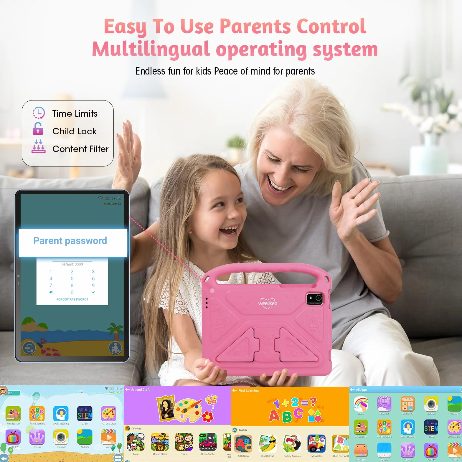 weelikeit Tablet per bambini aggiornato 2024 da 10 pollici Android 14 con custodia, 8 (4+4) GB di RAM 128 GB di ROM, Bluetooth WLAN, controllo bambini, schermo HD, batteria da 6000 mAh, rosa