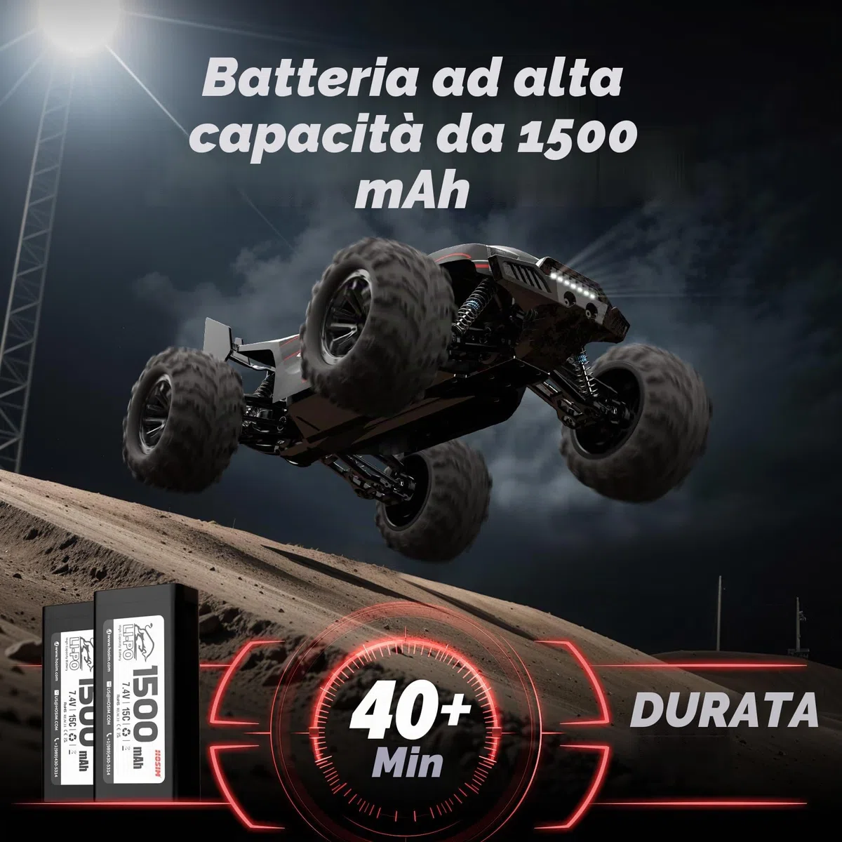 Hosim 1:10 Auto telecomandata per adulti, Buggy RC 4WD ad alta velocità 48 + KM/H con 2 batterie 7,4 V 1500 mAh, auto elettrica RC grande camion RC fuoristrada 2,4 GHz impermeabile