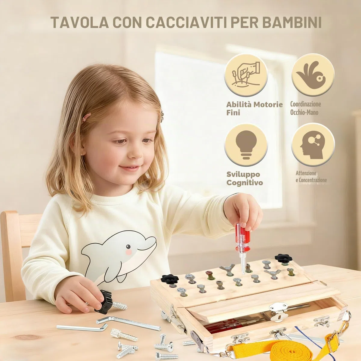 Giochi Montessori 3 Anni, Attrezzi in Legno Bambini, Cacciavite Giocattoli, Giocattoli di Abilità Motorie, Attrezzi in Legno Bambini Montessori Giochi, per Regalo Bambina Bimbo (Montessori B)