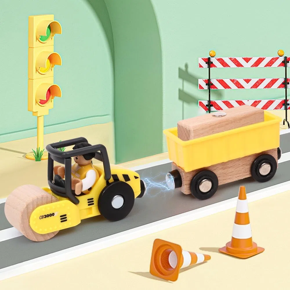 Veicoli Da Cantiere Giocattolo in Legno per Bambini, Magnetico Veicoli con Gru a Cavalletto, Escavatore, Rullo compressore, Carro Attrezzi, Veicoli da Costruzione in Legno Regalo Bambini 2 3 4 5 anni