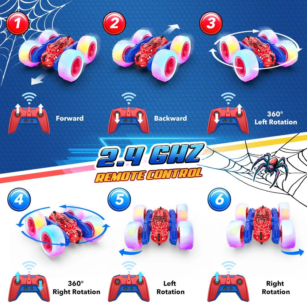 Spider Macchina Telecomandata per Bambini, 2.4GHz RC Auto Radiocomandata Acrobatica, Ricaricabile Monster Truck Giochi, Telecomandato Camion Giocattoli, Compleanno Regalo Bimbo 3 4 5 6 8 9 10 Anni