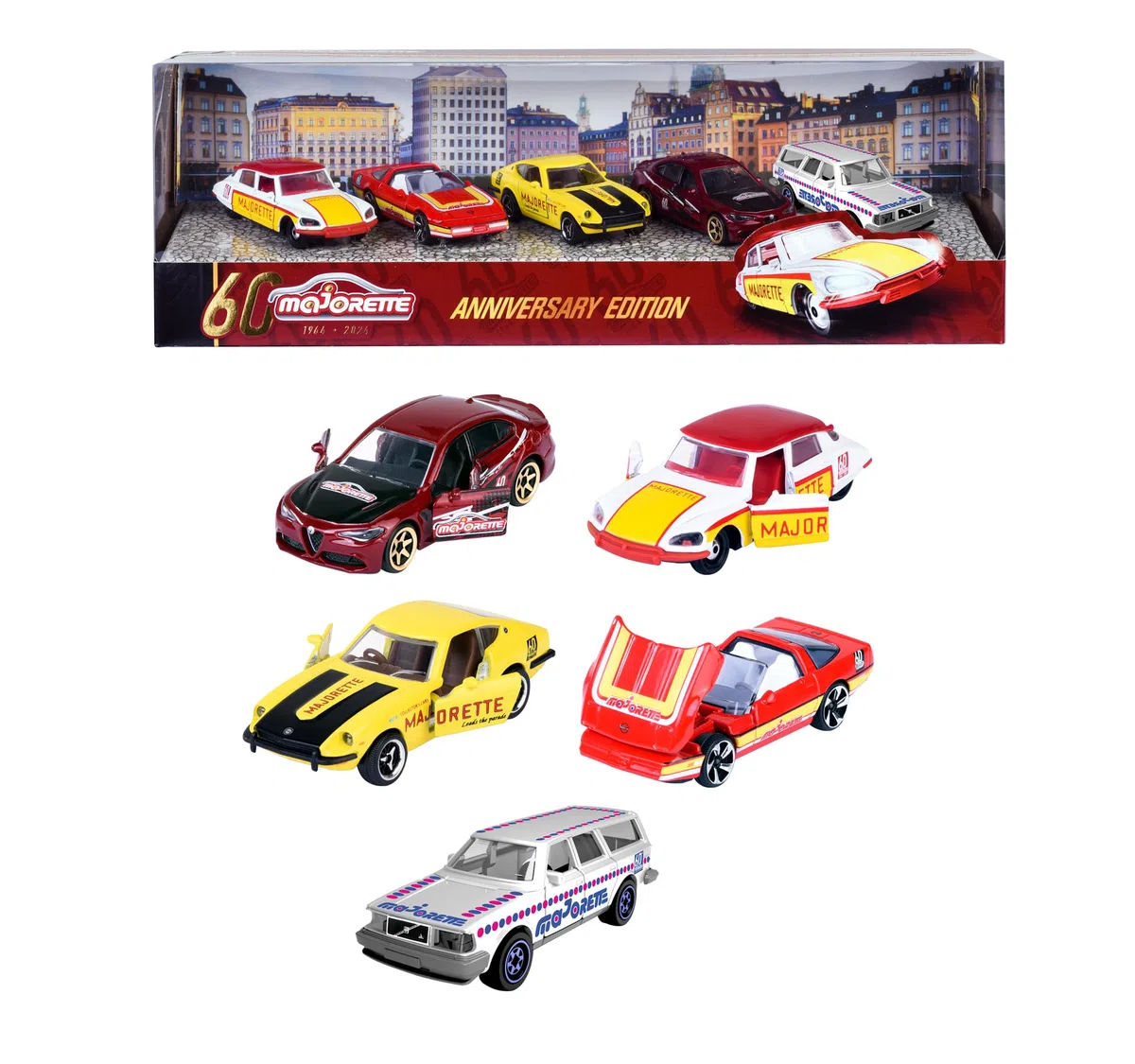 Majorette - Set regalo 60 anni (5 modelli di auto) - 5 auto giocattolo premium in metallo con 2 modelli esclusivi di auto, 7,5 cm, per bambini dai 3 anni in su