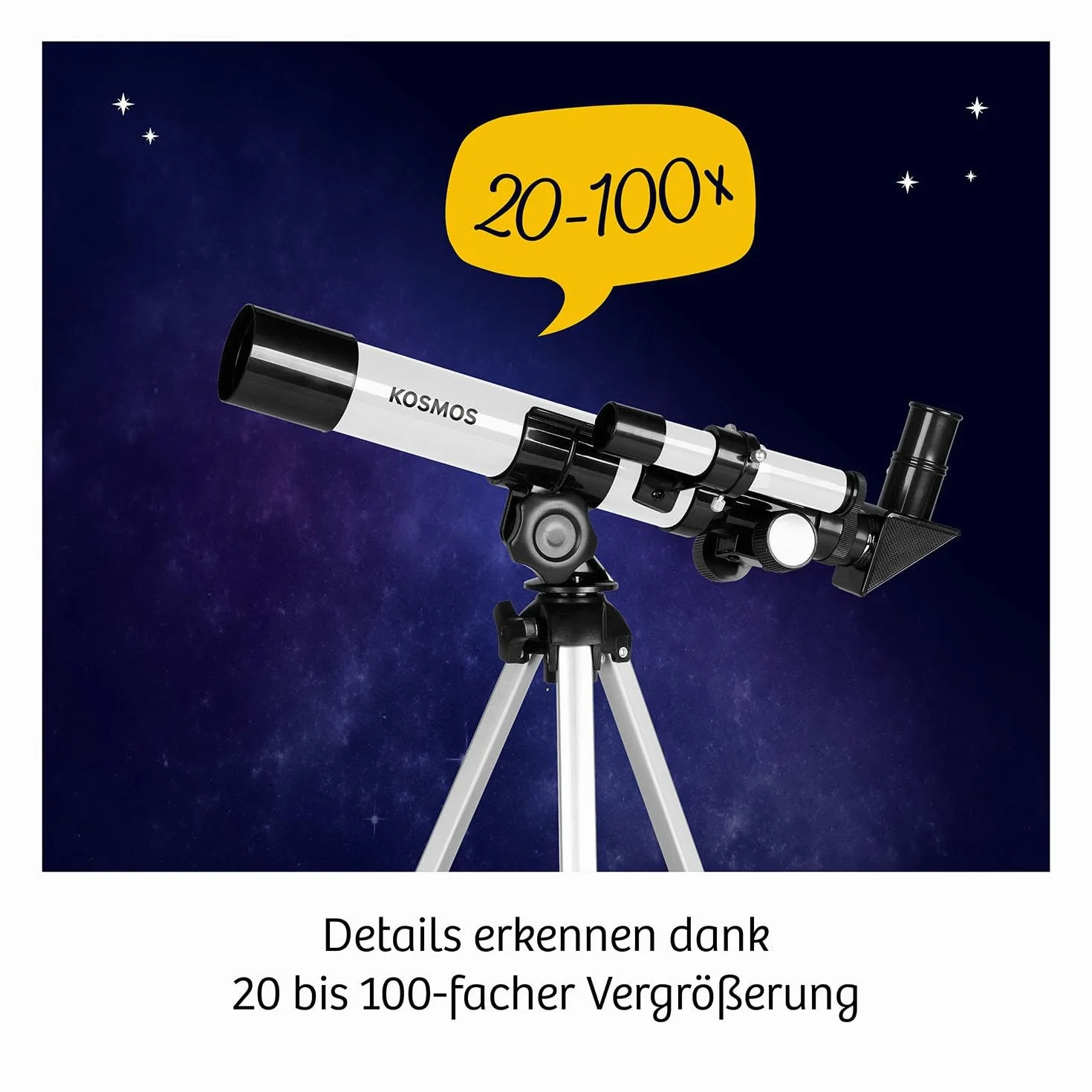 Kosmos 676889 - Telescopio da Esploratore per Principianti e Bambini dagli 8 Anni in su, 2 oculari per ingrandimento 20x o 100x, telescopio da Viaggio Portatile, Scatola per esperimenti, Astronomia,