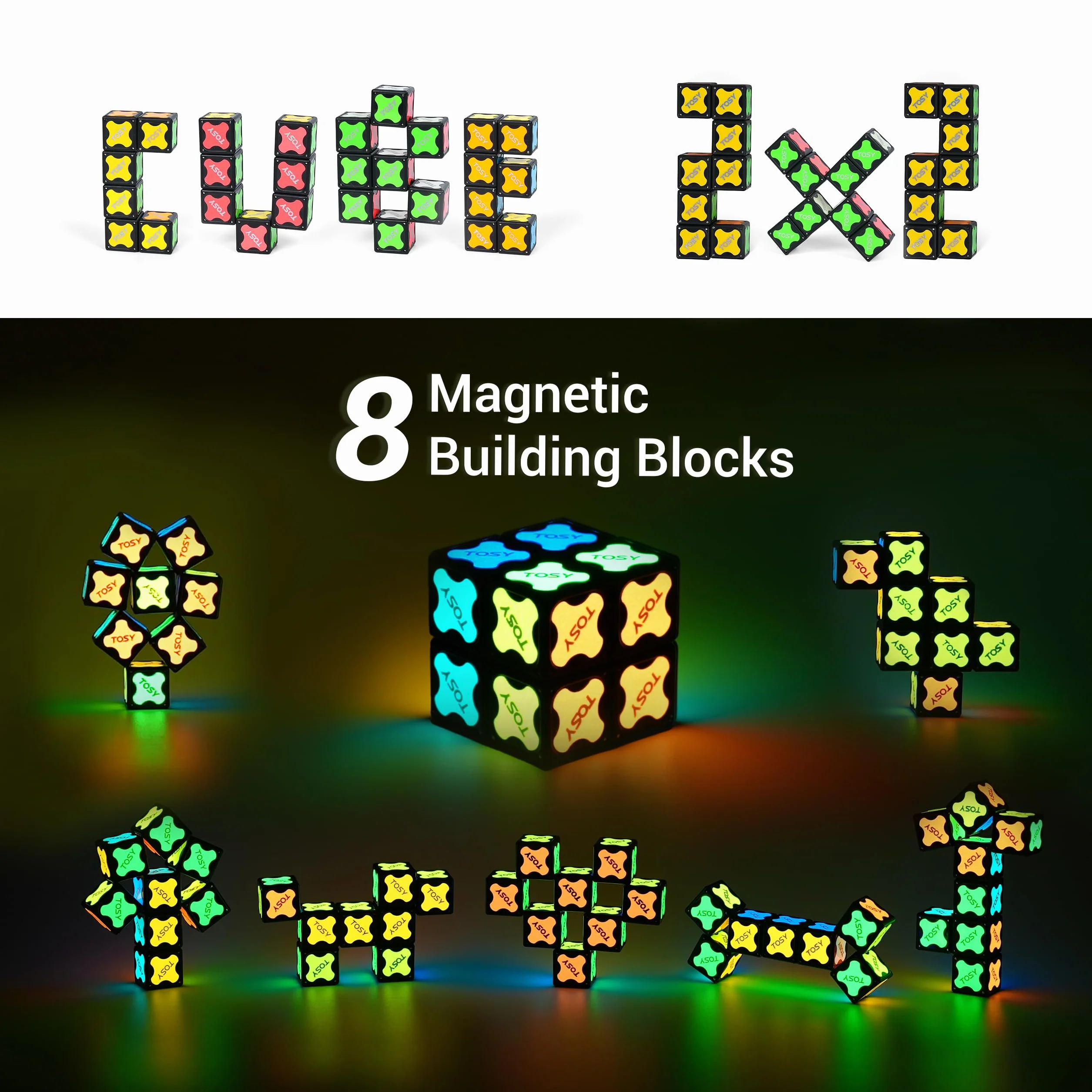 TOSY Cubo magnetico 2 x 2 – 8 blocchi, giocattolo 2 in 1: cubo puzzle 2 x 2 x 2 e cubo infinito personalizzabile, luminoso, regalo per bambini/nipoti, torcia UV, giocattolo sensoriale/STEM