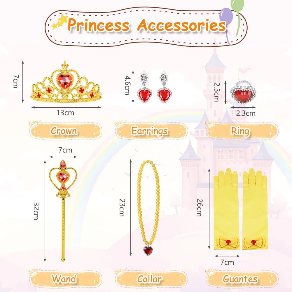Belle Costume, Ragazze La Bella e La Bestia Costumi, 6 Pezzi Principessa Belle Vestito, con Corona Bacchetta Guanti, Ragazze Bella Abiti Set per Cosplay Natale Festa Party Halloween, 140