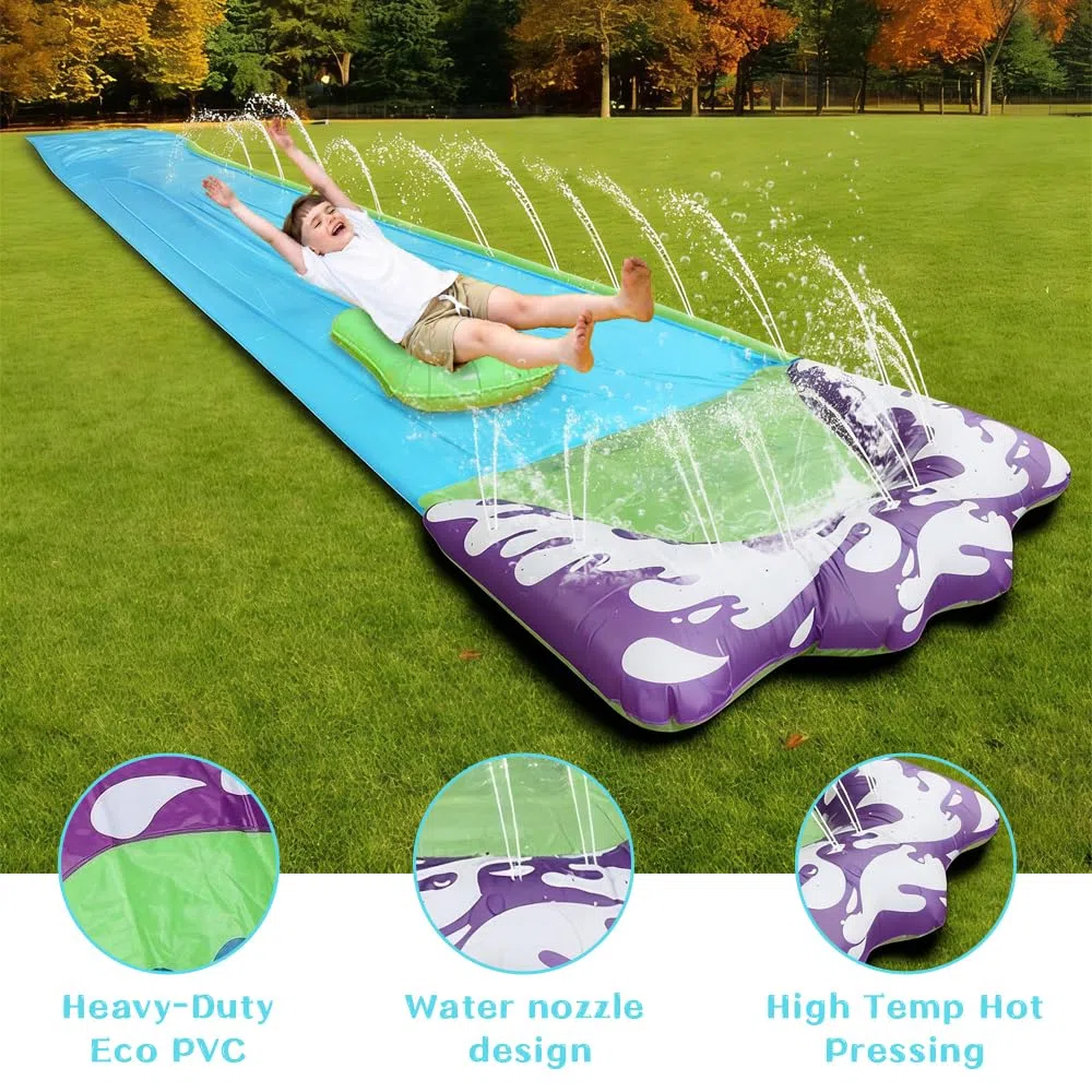 Scivolo d'Acqua, 480 x 70 cm Scivolo d'Acqua per Prato con Irrigatore, Scivolo Acquatico Giardino con Ricambi e Bodyboard, per Feste Estive e Attività in Giardino (Blu)