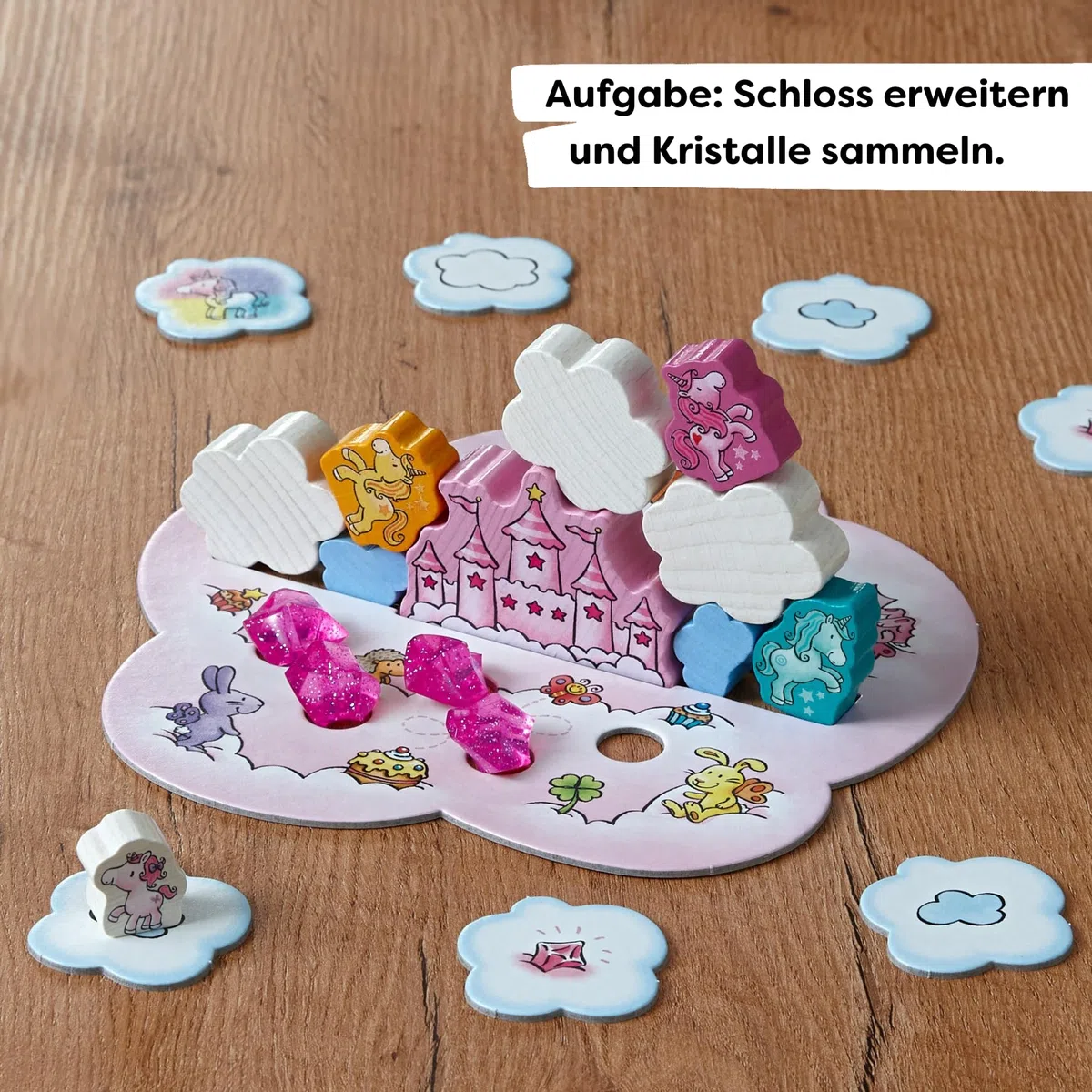 HABA Unicorno Glitter Felice - Gioco impilabile per Bambini con unicorni, Nuvole di Legno e 10 Cristalli di Nuvola Scintillanti, dai 4 Anni in su, 2012232001