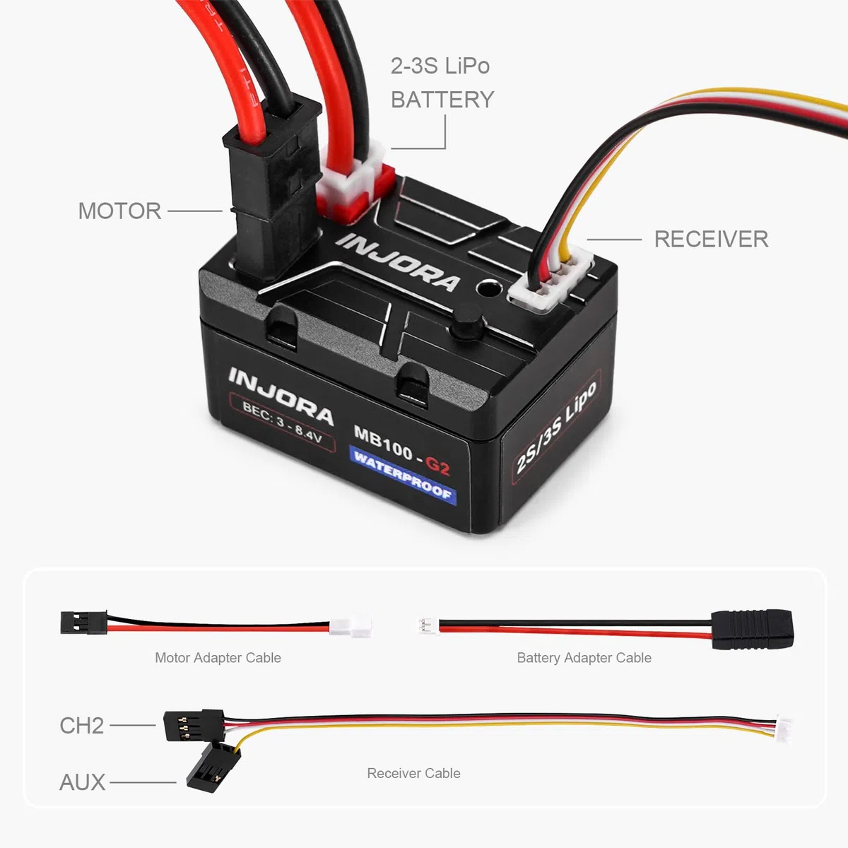 INJORA MB100 G2 Regolatore Elettronico di velocità (ESC) Spazzolato Impermeabile 40A per 1/24 1/18 RC Crawler SCX24 AX24 TRX4M Aggiornamento (V3)