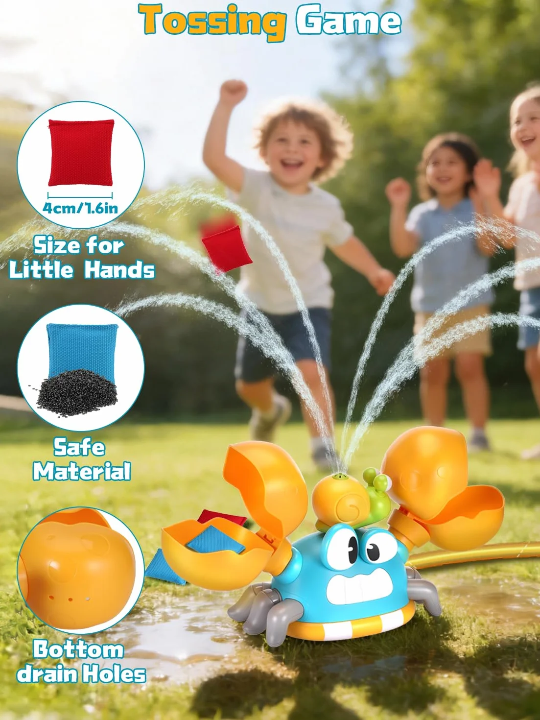 3-in-1 Giochi da Giardino da Esterno, Irrigatore per Bambini Forma di Granchio con Prendi la Palla e Lancia, Regalo Creativi per Bambino, Il Giocattoli Estivo Perfetto per Bambini 3 4 5 6 7 8 9 Anni