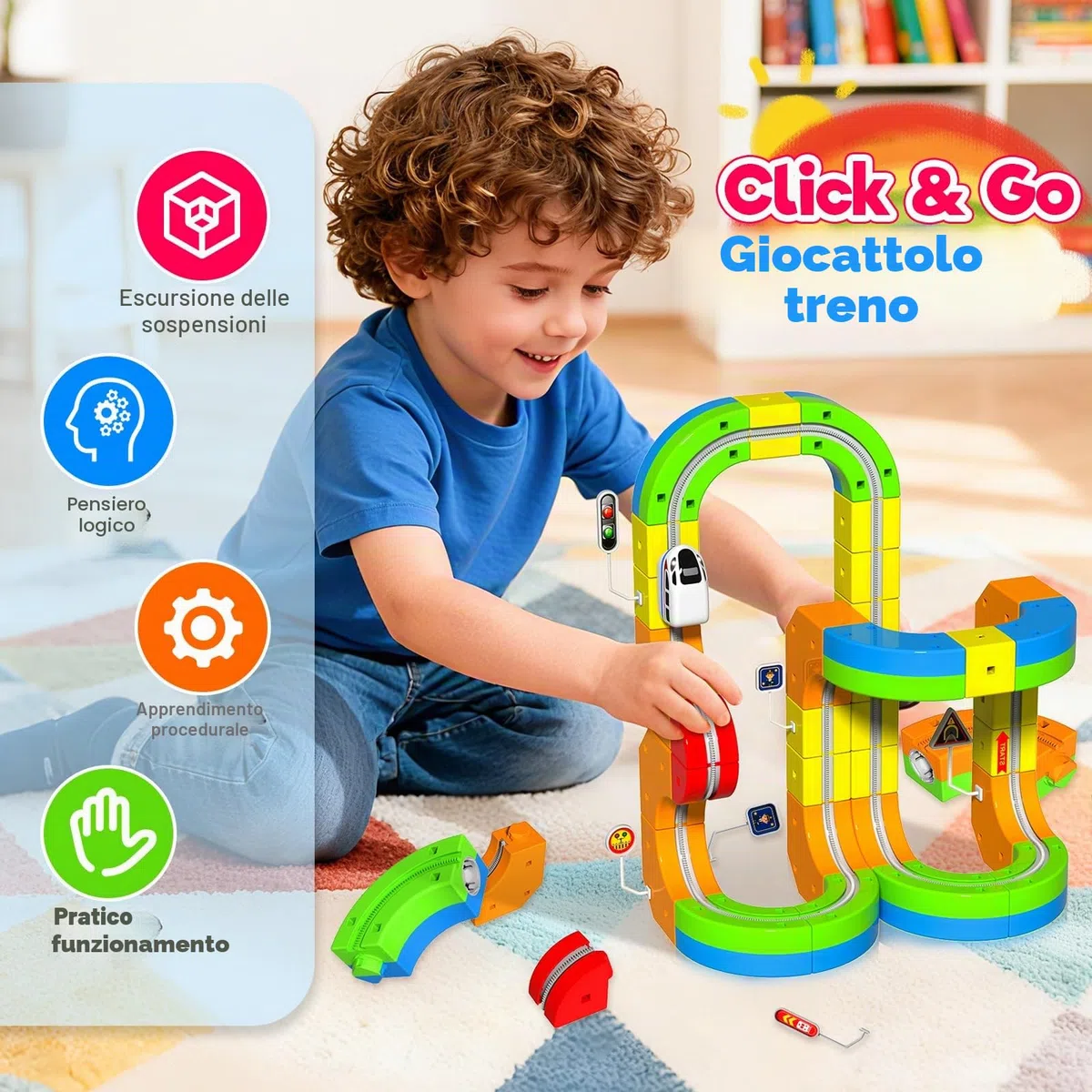 Goody King Trenino Elettrico per Bambini 69 Pezzi - Kit 3D DIY con Binari Magnetici a Cubi, Include Treno e Segnali Stradali, Giocattolo Educativo Creativo STEM Regalo per Bambini 4-12 Anni