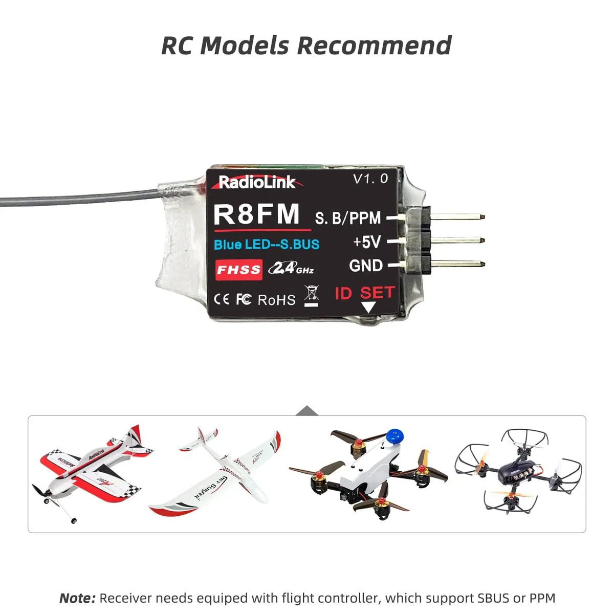 Radiolink R8FM 8 Canali 2.4GHz Micro RC Ricevitore SBUS/PPM per Mini FPV Racing Drone, Quad, Aereo RC6GS V3/RC4GS V3/T8FB/T8S/RC8X/T16D/T12D Trasmettitore