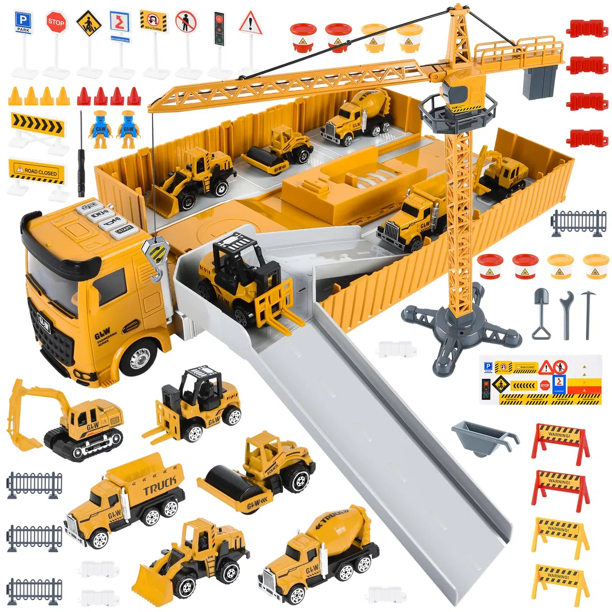 FORMIZON Camion Giocattolo per Bambini, Veicoli da Cantiere con Musica e Luci, 6 Mini Veicoli, Gru Giocattolo Gialla