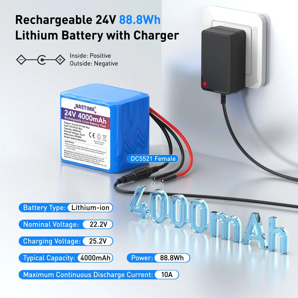 NASTIMA 4000mAh 88,8Wh 24V Batteria Ricaricabile Agli Ioni di Litio Adatto per Altoparlanti Bluetooth, Impianti Solari, Auto RC, Fai da Te, ecc. Include Caricabatterie e Connettore