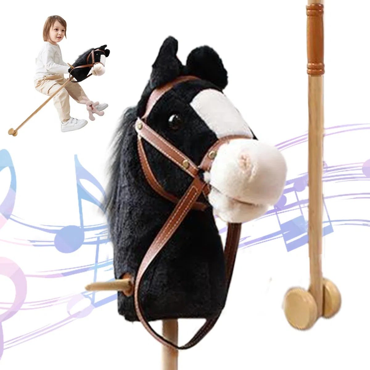Cavallo di peluche con suono realistico e ruote, palo di legno cavalcabile da 39 pollici per regalo per bambini (nero)