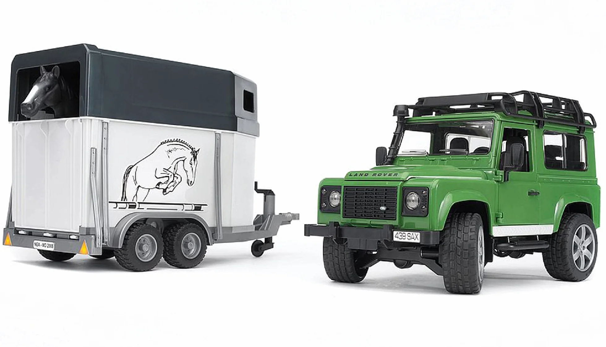 bruder 02592 - Land Rover Defender con rimorchio per cavalli, 1 cavallo, veicolo fuoristrada, jeep, veicolo fuoristrada, fattoria di cavalli