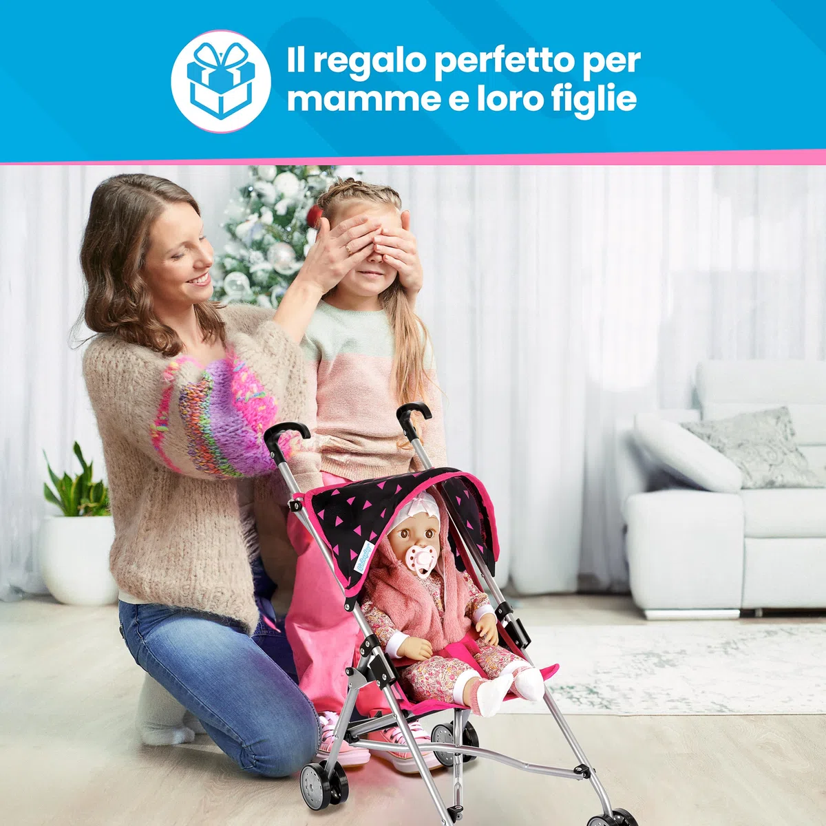 Kinderplay Passeggino per Bambole in Alluminio – Manico 54 cm, Leggero e Pieghevole – Per Bambini 2+ – Ruote Doppie Silenziose e Cintura di Sicurezza