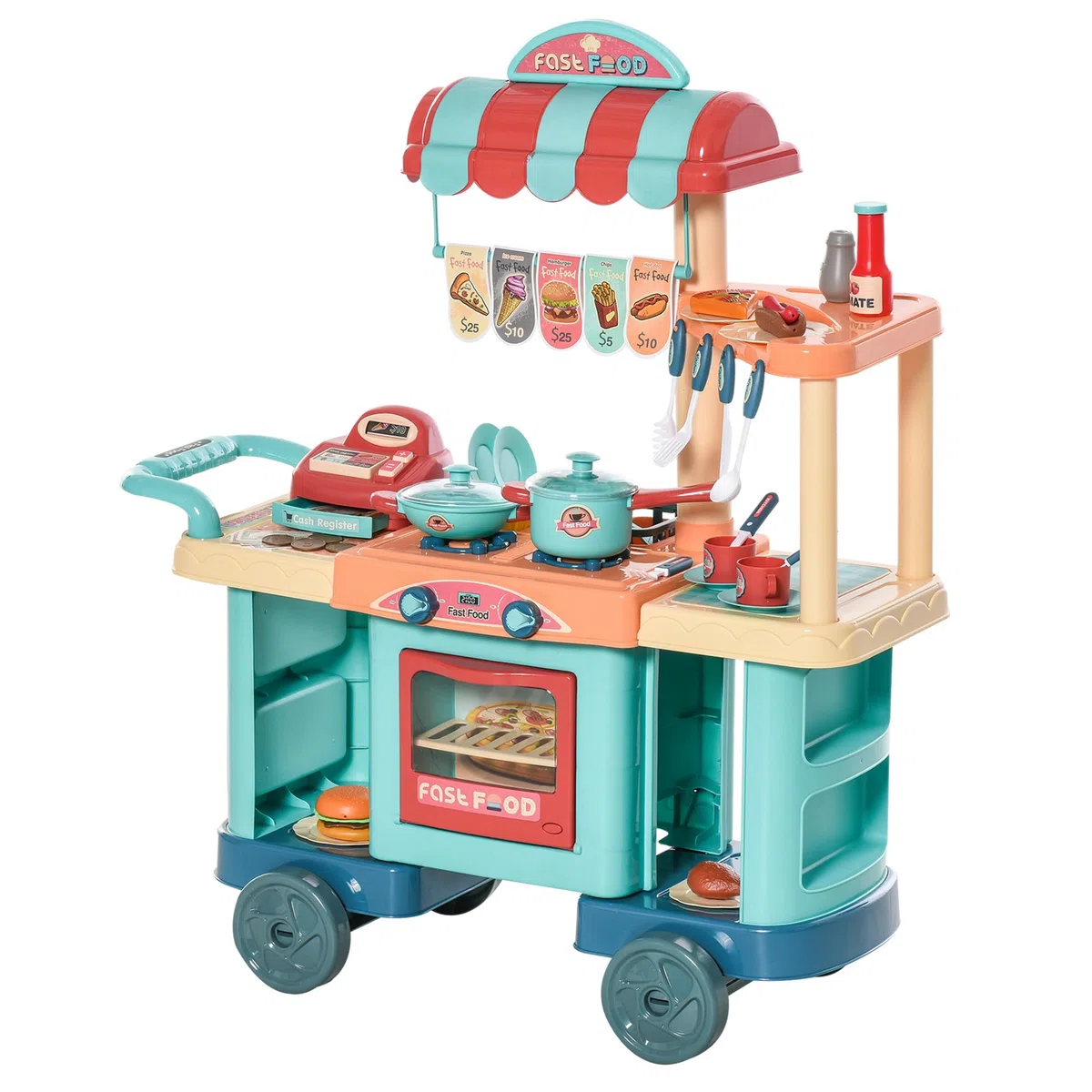 HOMCOM Cucina Giocattolo Per Bambini 3-6 Anni, Caffetteria Ristorante con 50 Accessori Inclusi, 79.5 x 33 x 90.5cm