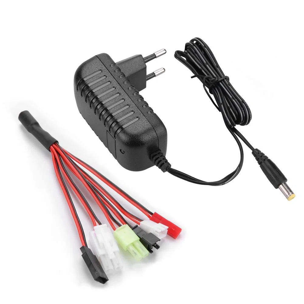 HTRC Caricabatterie Airsoft per Batteria NIMH/NICD 2-10s 2,4-12V, Caricabatterie RC Intelligente per Auto Rc Barca Rc Drone Softair, con 5 Terminali(Tamiya standard/Mini Tamiya/SM 2P/JST/HuanQi)