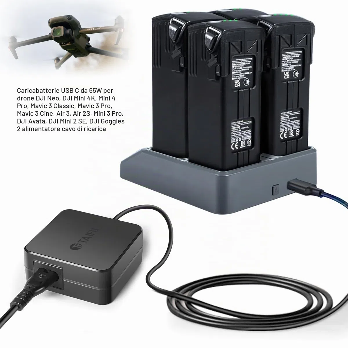 TAIFU 65W USB C Caricabatterie per Drone DJI Neo, Mini 4K, Mavic 3 Classic, Pro, Cine, Air 3, Avata, Mini 2 SE, Goggles 2 Alimentatore
