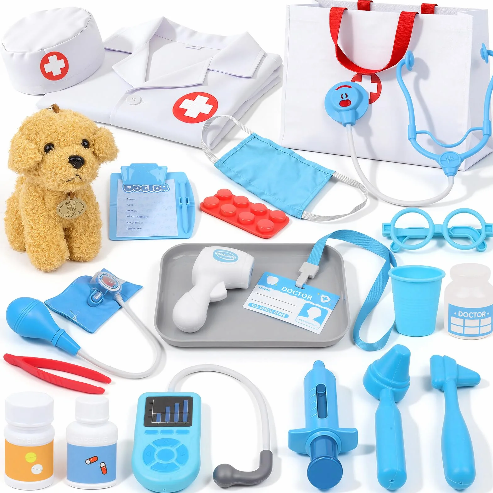 Valigetta Medica per Bambini Dai 3 Anni in su, con Cane in Peluche, Stetoscopio, Borsa Medica e Camice Medico, Giocattolo Veterinario, Regalo per Ragazzi e Ragazze, Giochi di Ruolo