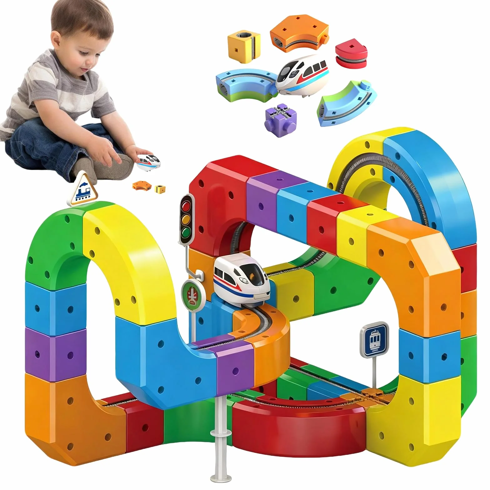 Clickrail Elettrico Cube Track, set di giocattoli con treno magnetico, ferrovia elettrica flessibile con guide anti-gravità, mattoncini magnetici fai da te, giocattolo binari del treno Cubix 3D (81