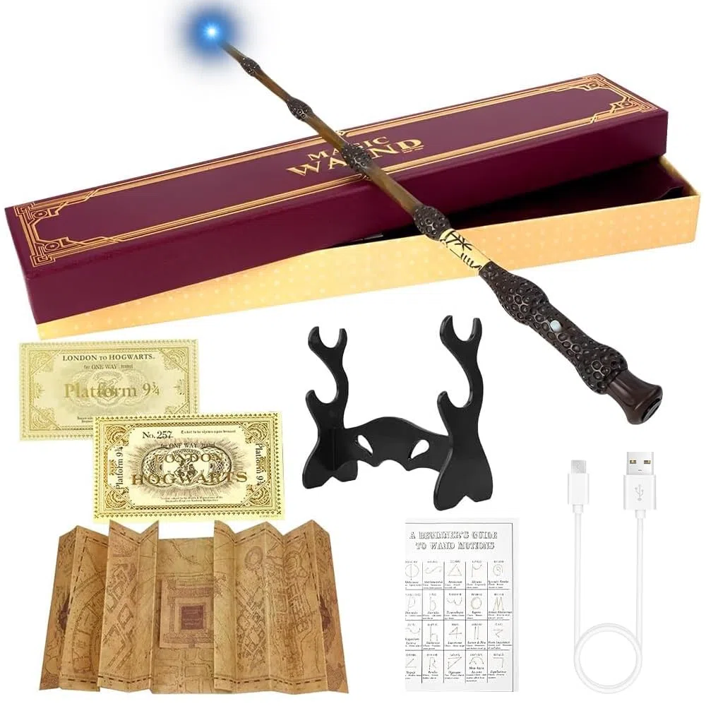 Bacchetta di 38 cm di Albus Silente con luce, bacchetta di Sambuco di Harry P-Otter, bacchetta magica di Dumbledore ricaricabile USB, bacchetta luminosa in resina con carta degli incantesimi