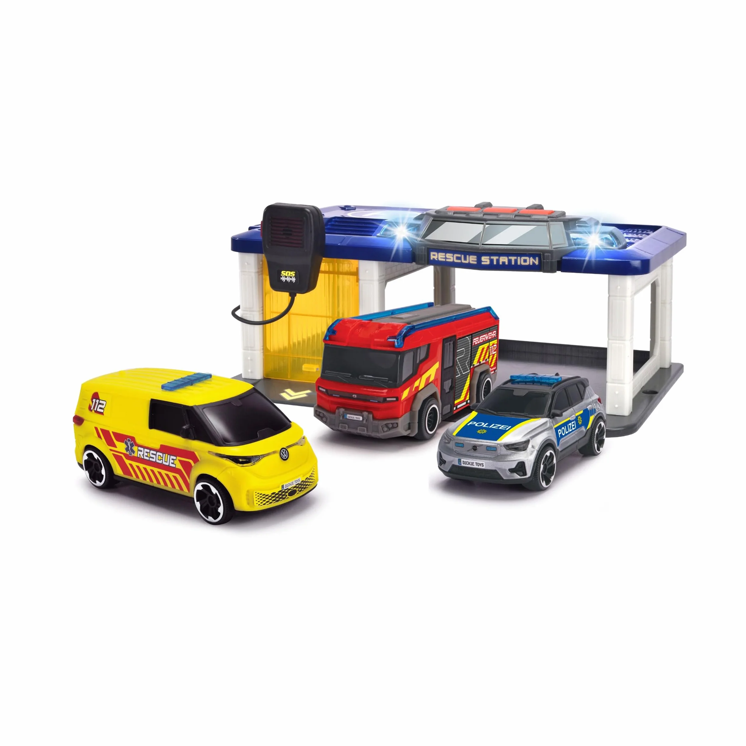 Dickie Toys - Stazione S.O.S per bambini a partire dai 3 anni (31 x 22 cm) con 3 auto giocattolo (auto della polizia, ambulanza, camion dei pompieri), stazione dei vigili del fuoco e della polizia con