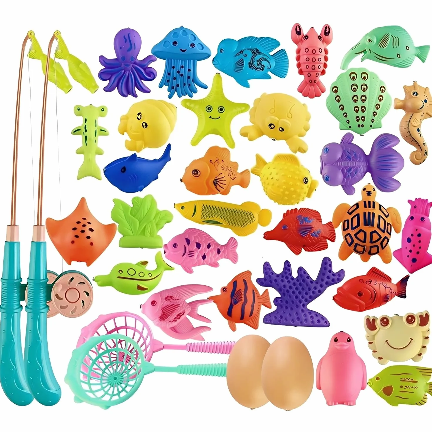 Set di 40 giocattoli da pesca magnetici per bambini con canna da pesca e rete, pesci galleggianti in plastica per vasca da bagno