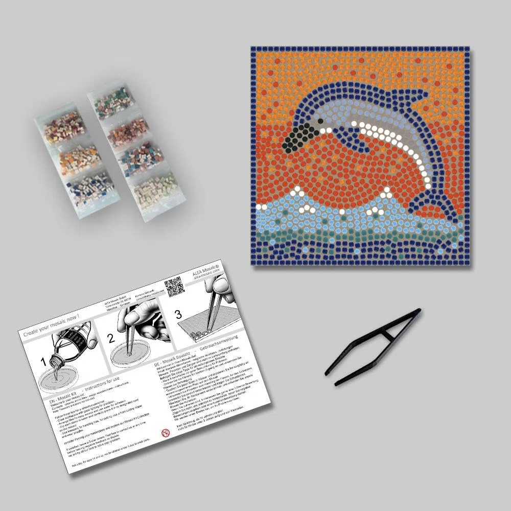 ALEA Mosaic Kit per mosaico delfino, adulto, delfino gioioso, tema natura, 20 x 20 x 1 cm, piastrelle in ceramica, tutte le stagioni, mini pietre in ceramica e base in legno, 1,02 grammi