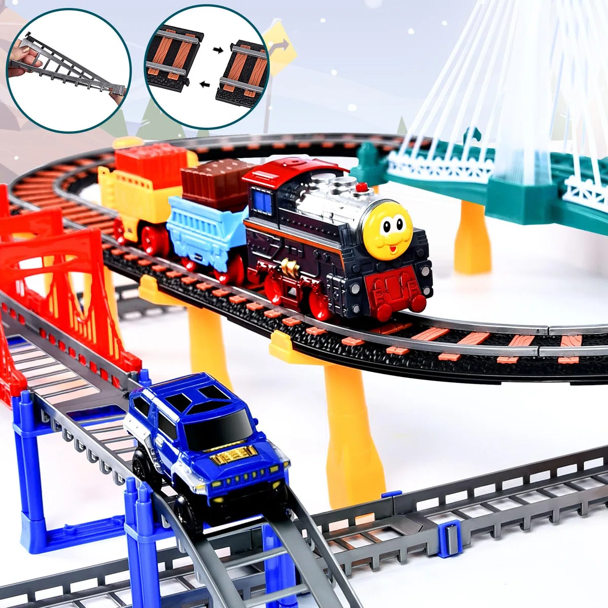 JONRRYIN Piste Macchinine per Bambini, 140Pezzi Trenino Elettrico con Pista da Corsa, Costruzione di Circuiti da Corsa con Auto e Treno Giocattolo, Giocattolo Educativo Regalo Bambino (140Pezzi)