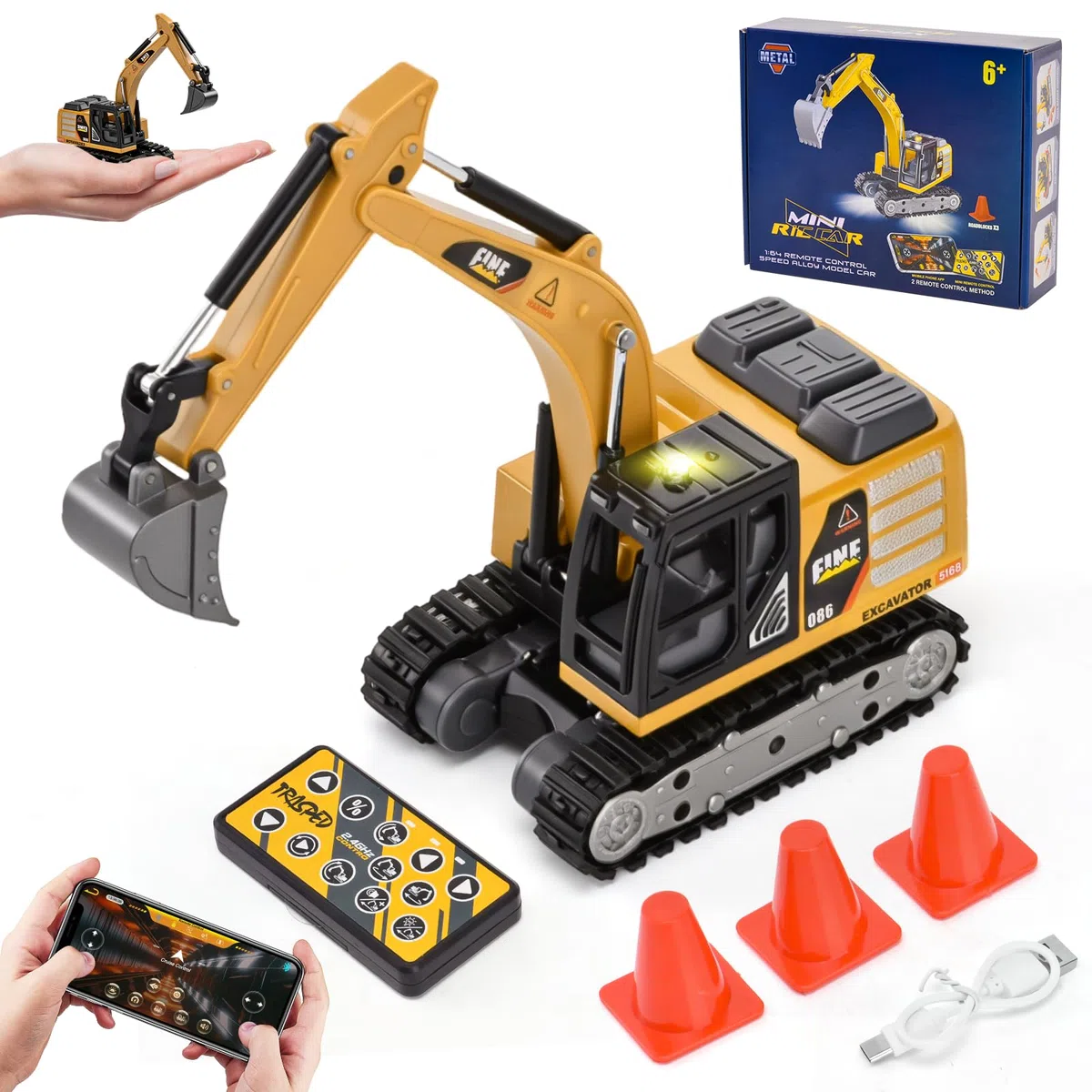 Mini Escavatore Telecomandato, 1:64 Escavatore RC Giocattolo in Metallo con App e Telecomando 2,4 GHz, Luci ed Effetti Sonori, 2 Velocità, Veicolo da Costruzione Telecomandato per Bambini