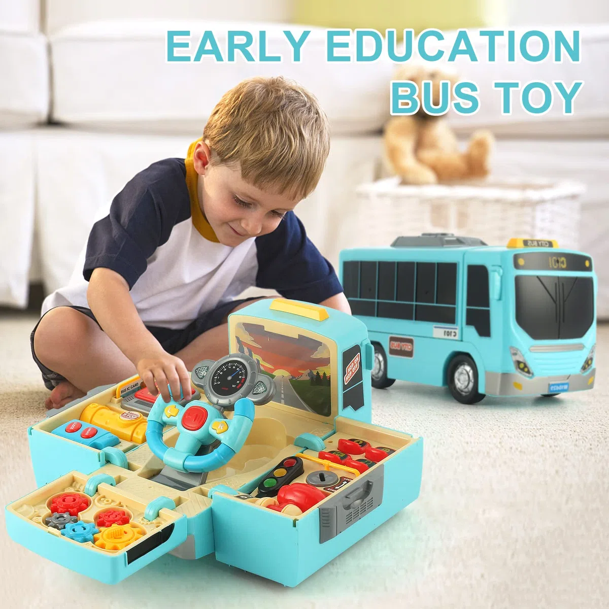 HONGTUO Autobus giocattolo con suoni e luci, giocattolo con volante, giocattoli per bambini con musica, regalo per 3-5 bambini e bambine