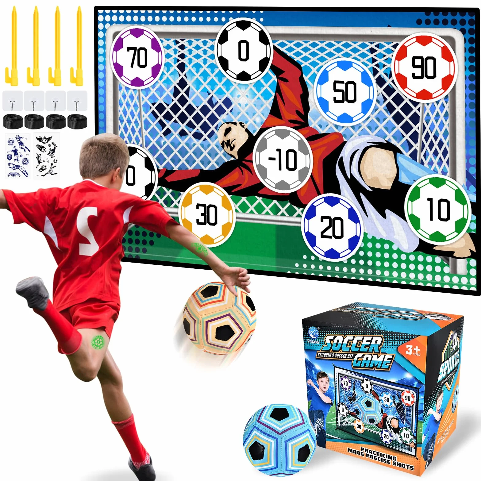 JONRRYIN Set da Gioco con Pallone da Calcio per Bambini di 3 4 5 6 7 8 Anni, Porta da Calcio in Cortile per Interni ed Esterni con Palline in Velcro, Regalo di Compleanno per Ragazzi e Ragazze