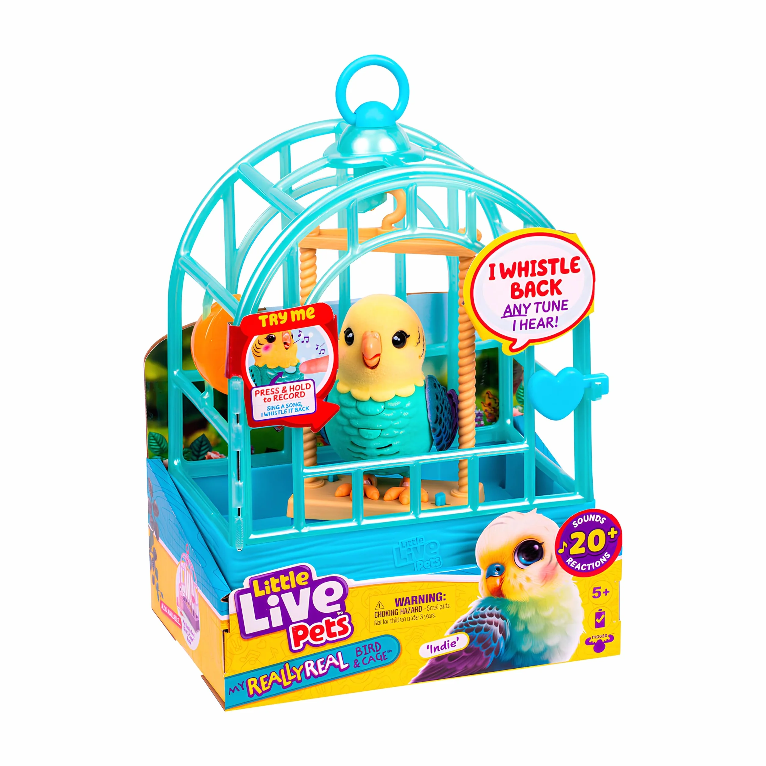 Little Live Pets My Really Real - Giocattolo parlante per uccelli e gabbia, indie, giocattolo interattivo a ripetizione, oltre 20 suoni e reazioni, giocattoli parlanti per bambini dai 5 ai 7 anni