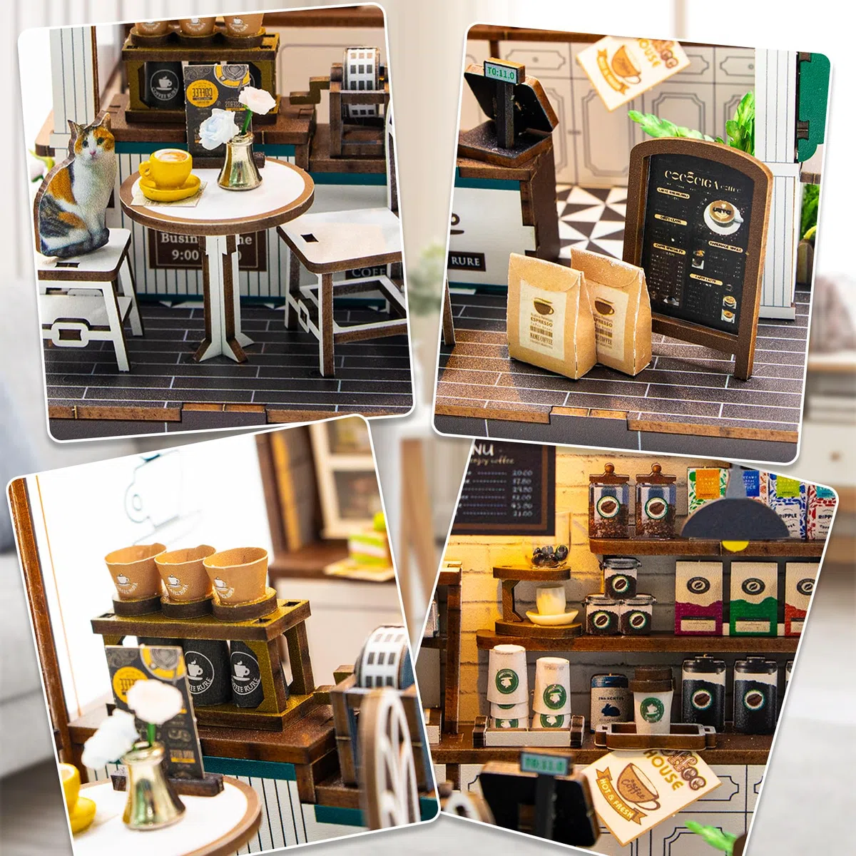 Cuteefun Casa delle Bambole in Miniatura con Luci LED, Kit Creativo Fai da Te, Oggetto Decorativo, per Adulti e Adolescenti, Idea Regalo per Natale e Compleanno (Caffè-Bar)