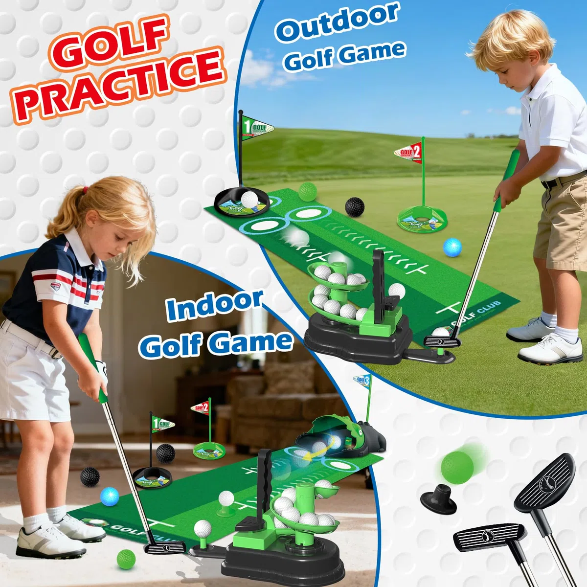TERRAMUS Set da golf per bambini aggiornato, giocattoli da golf 3 in 1 con dinosauro, ritorno automatico della palla e lanciatore di palline, palline luminose a LED mini giocattolo da golf per età 3-8