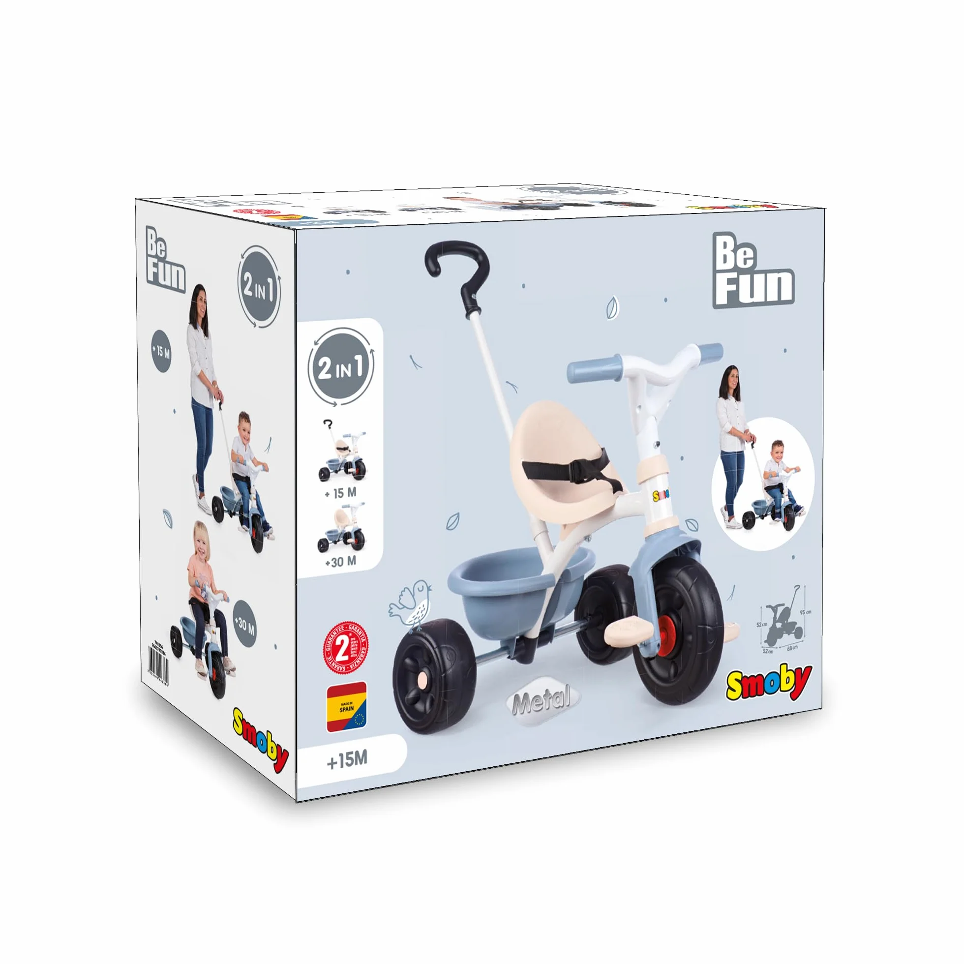 Smoby - Triciclo Be Fun azzurro, 7600740336, evolutivo, con struttura in metallo, asta parentale removibile, + 15 mesi