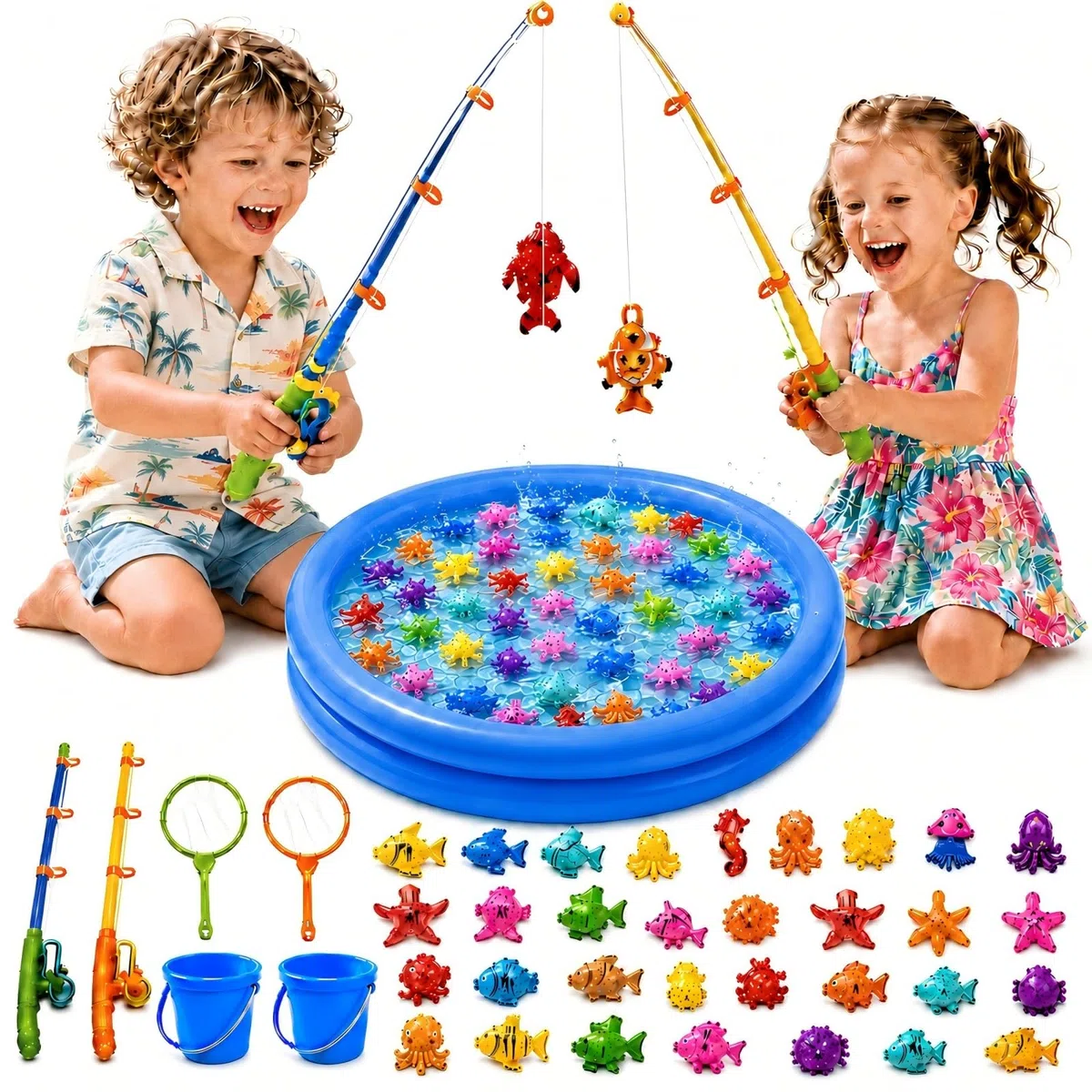 Set di pesca alla linea magnetica XXL 59 pezzi con piscina per bambini, giocattolo d'acqua e piscina per bambini 3 4 5 anni, set completo per giardino, spiaggia e bagno, inclusi 4 canne da pesca, 4