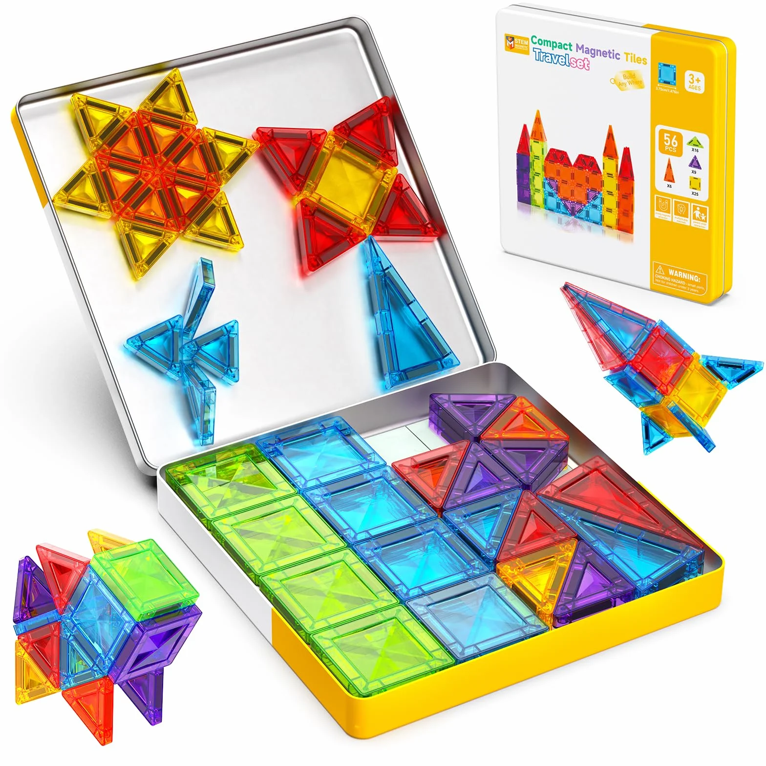 Costruzioni Magnetiche per Bambini 56 Pezzi in Valigetta Metallica - Gioco da Viaggio per Costruire Castelli, Razzi e Aerei - Giocattolo Montessori 3+ Anni - Blocchi Magnetici Regalo Creativo STEM