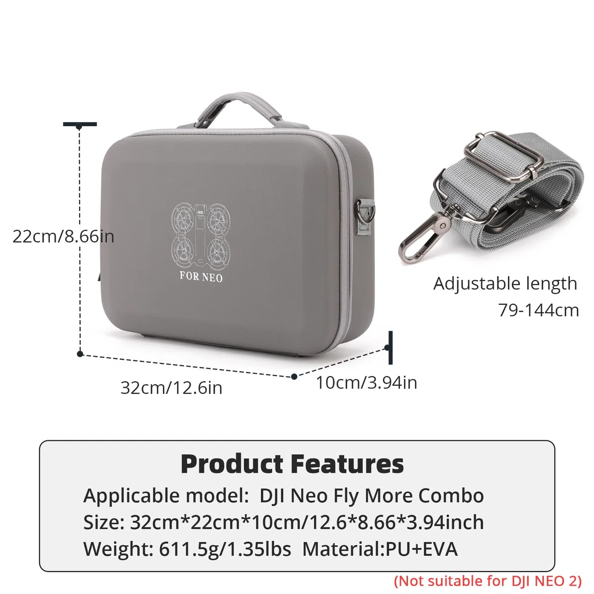 DJI Fly More Combo per Neo Case Custodia protettiva per DJI Neo RC-N3 e 6 batterie drone accessori portatile in PU con tracolla, grigio