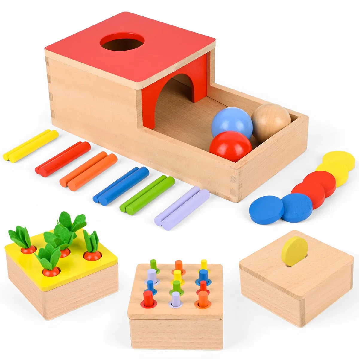 Comius Sharp 4 in 1 Giocattoli Montessori in Legno - Scatola delle Monete, Raccolta delle Carote, Bastoncini per L'abbinamento dei Colori e Motricità