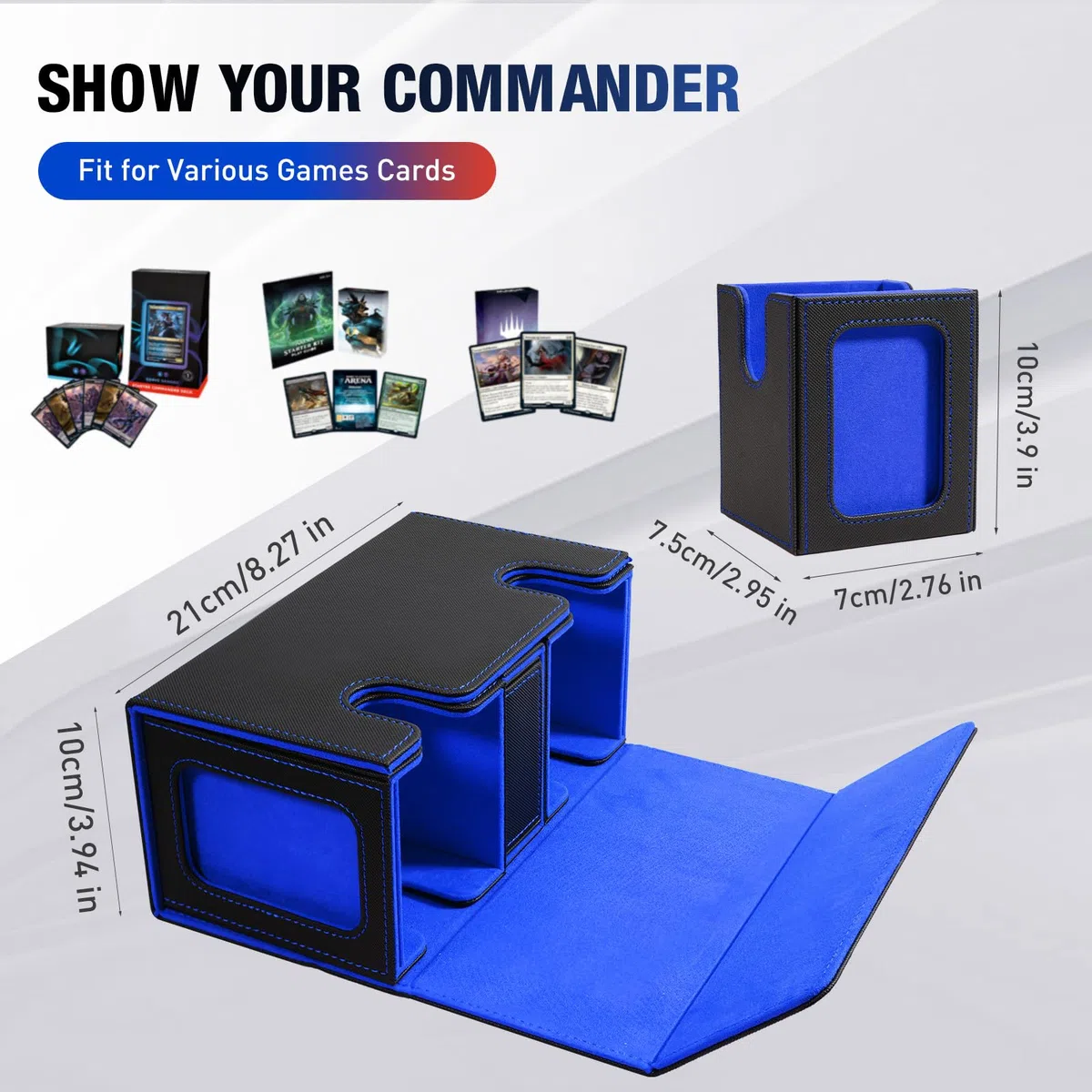 TiMOVO Scatola Porta Mazzi di Carte Magic, Scatola Magnetica con 2 Commander Display e 4 Divisori per 200+ Carte e 1 Vassoio per Dadi, Deck Box in Pelle per Carte Magiche MTG YuGiOh TCG CCG, Nero+Blu