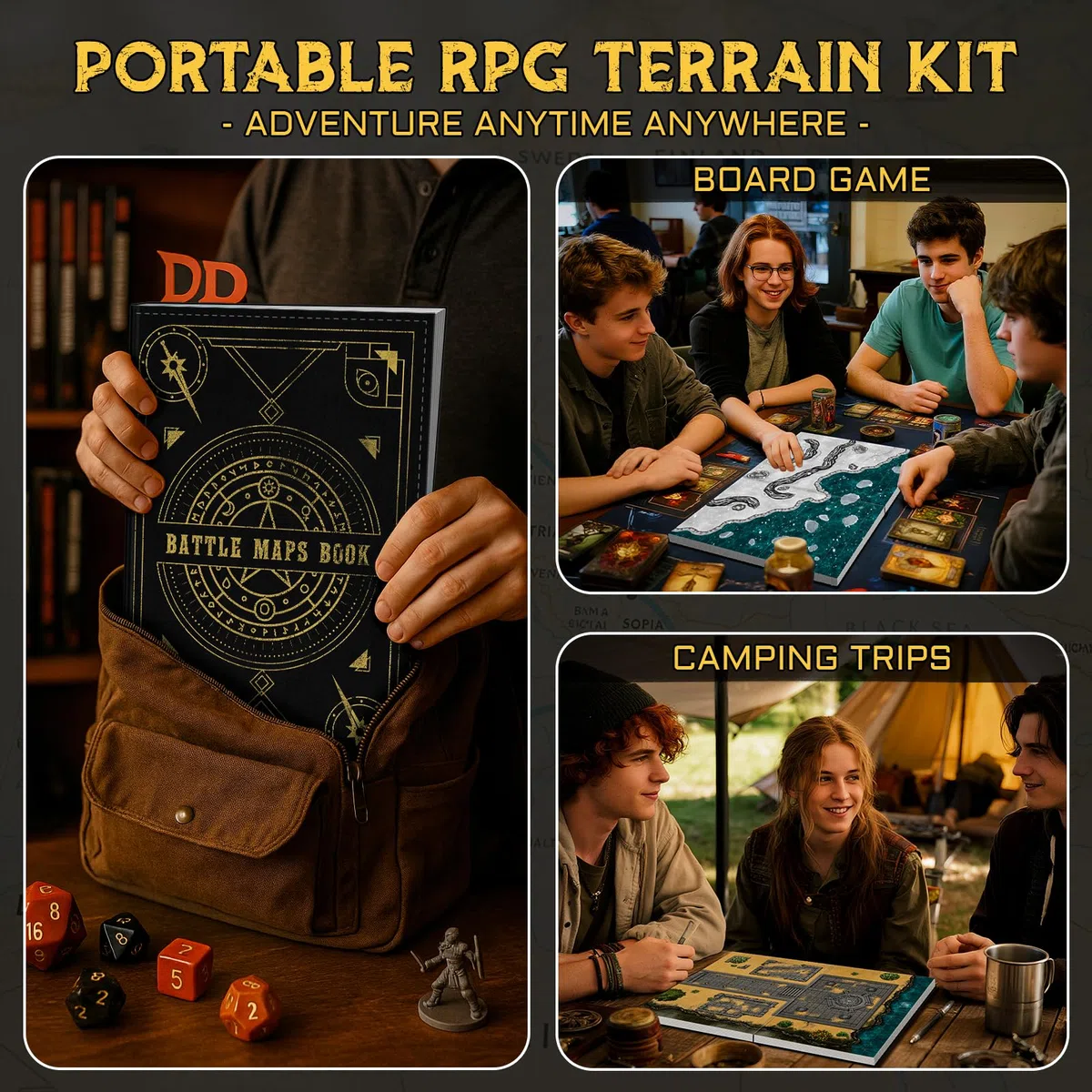 DND Battle Map Book - 32 tappetini riutilizzabili cancellabili a secco/bagnato con oltre 100 decalcomanie paesaggistiche, griglia da 2,5 cm e rilegatura piatta - Kit di giochi di ruolo portatile per
