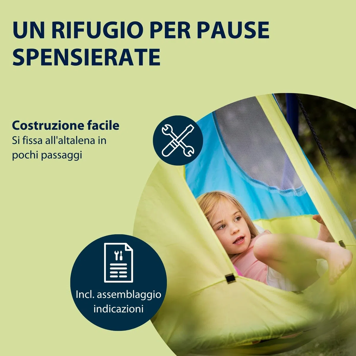Tenda HUDORA Cosy Castle - copertura per altalena HUDORA nest 90 e 110/120 in blu/limone - tenda per altalena in poliestere per uso interno ed esterno - tettoia per altalena per bambini e adulti