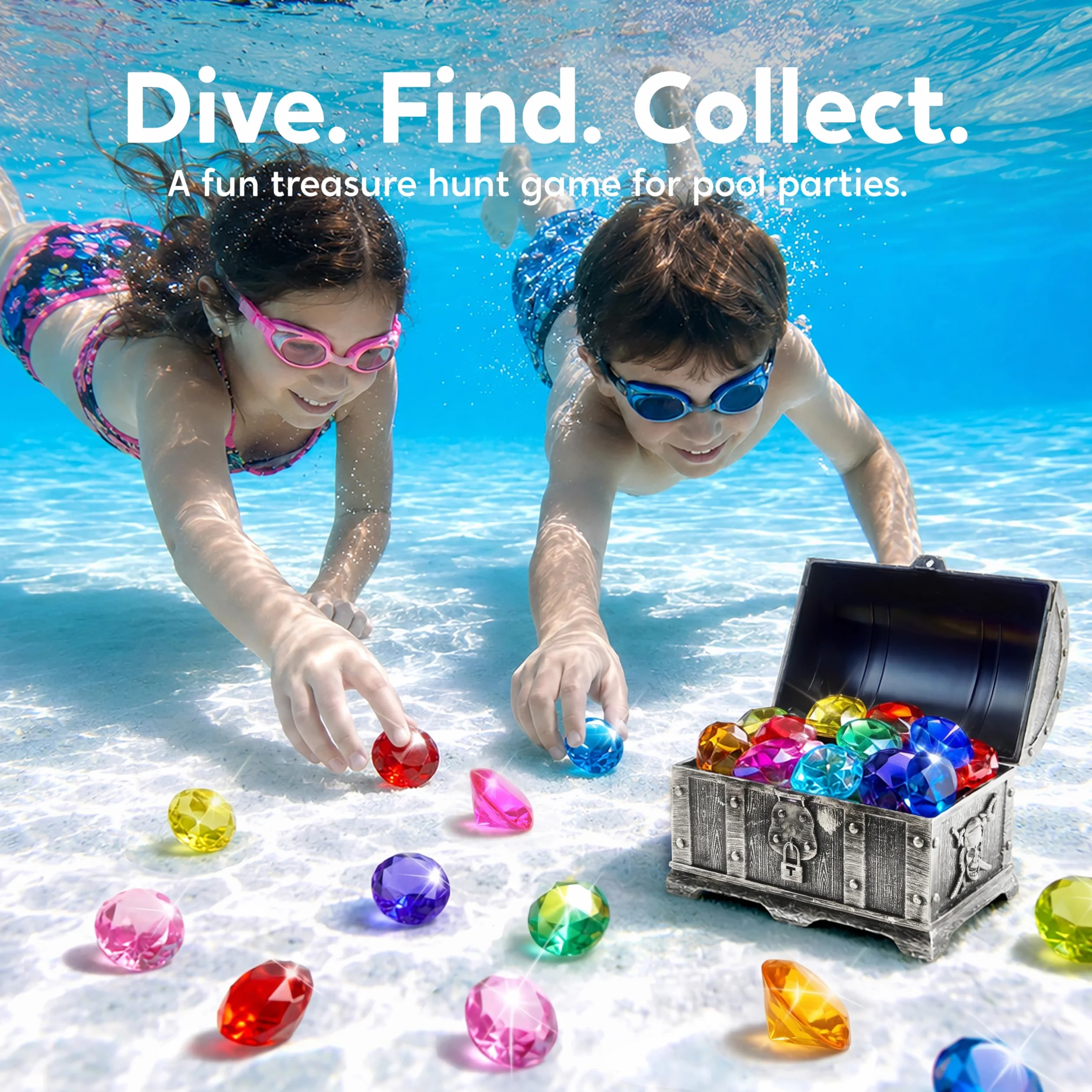 Sloosh Giocattolo da Piscina Diving Gems, 16 Grandi Diamanti Colorati con Scrigno dei Pirati, Giocattolo subacqueo per Bambini con Gemme subacquee, Regalo per l'allenamento al Nuoto